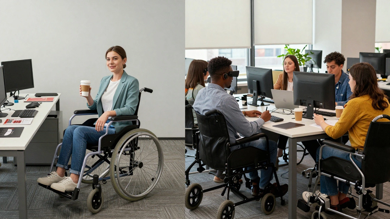 Contrasting staged disability advertising with authentic disabled professionals working together in a real office environment.