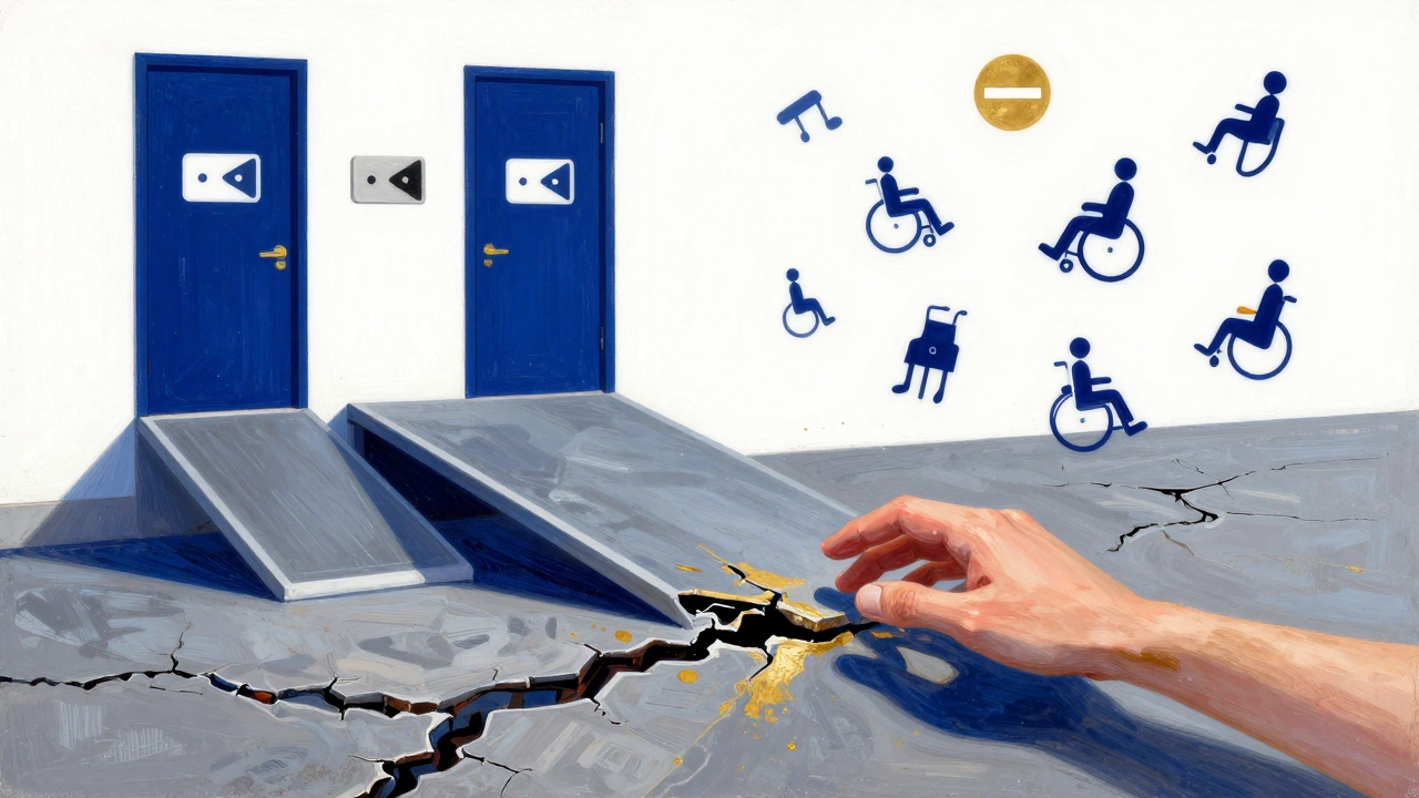 Symbolic image of broken accessibility with a hand repairing a ramp, surrounded by cultural symbols of the disability community.